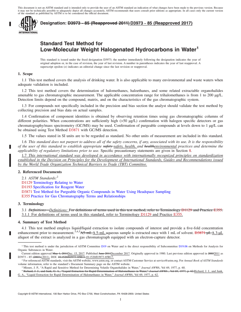 REDLINE ASTM D3973-85(2017) - Standard Test Method for  Low-Molecular Weight Halogenated Hydrocarbons in Water