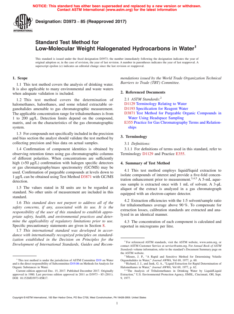 ASTM D3973-85(2017) - Standard Test Method for  Low-Molecular Weight Halogenated Hydrocarbons in Water