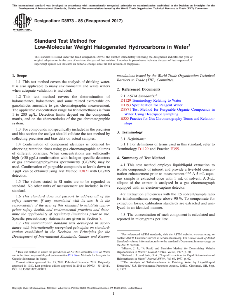 ASTM D3973-85(2017) - Standard Test Method for  Low-Molecular Weight Halogenated Hydrocarbons in Water