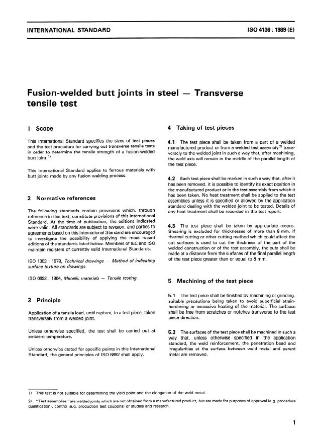 ISO 4136:1989 - Fusion-welded butt joints in steel -- Transverse tensile test