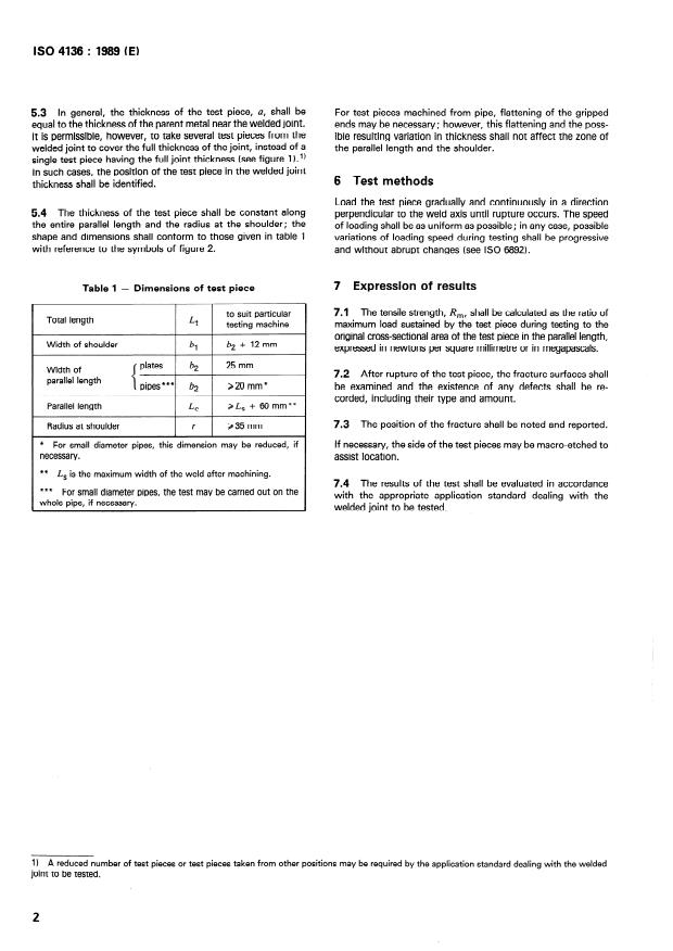 ISO 4136:1989 ISO 4136:1989 - Fusion-welded butt joints in steel -- Transverse tensile test - Page 4 preview