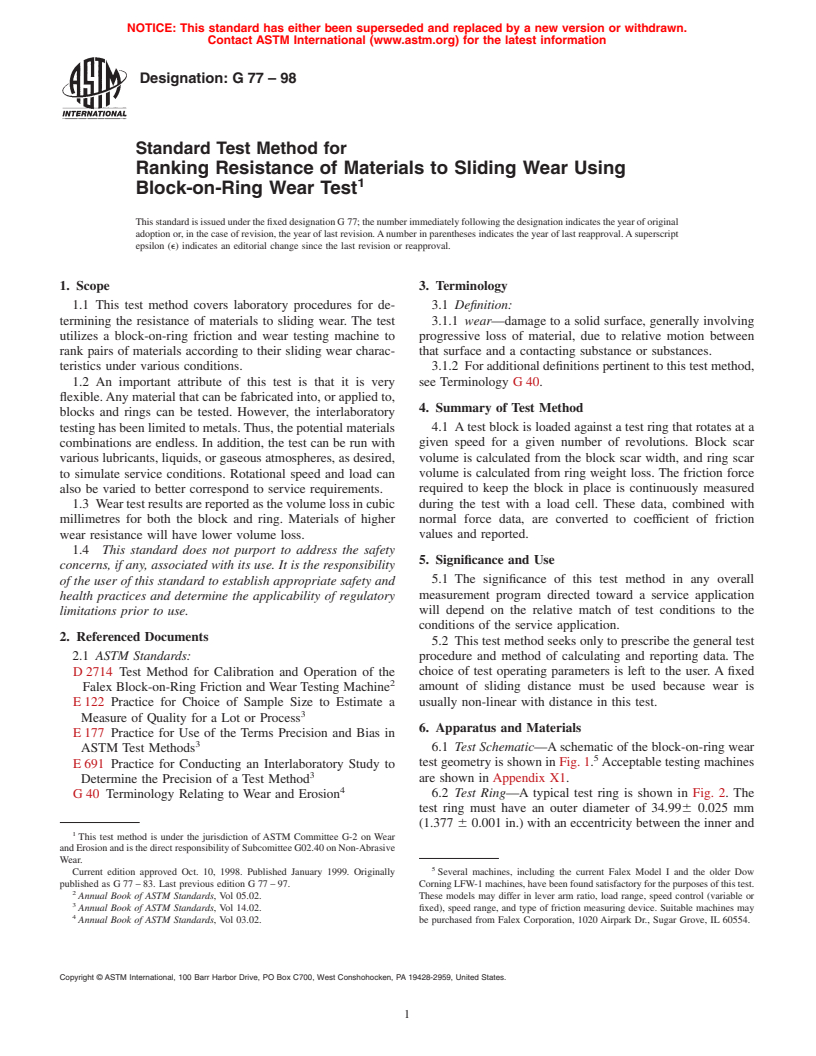 ASTM G77-98 - Standard Test Method for Ranking Resistance of Materials to Sliding Wear Using Block-on-Ring Wear Test