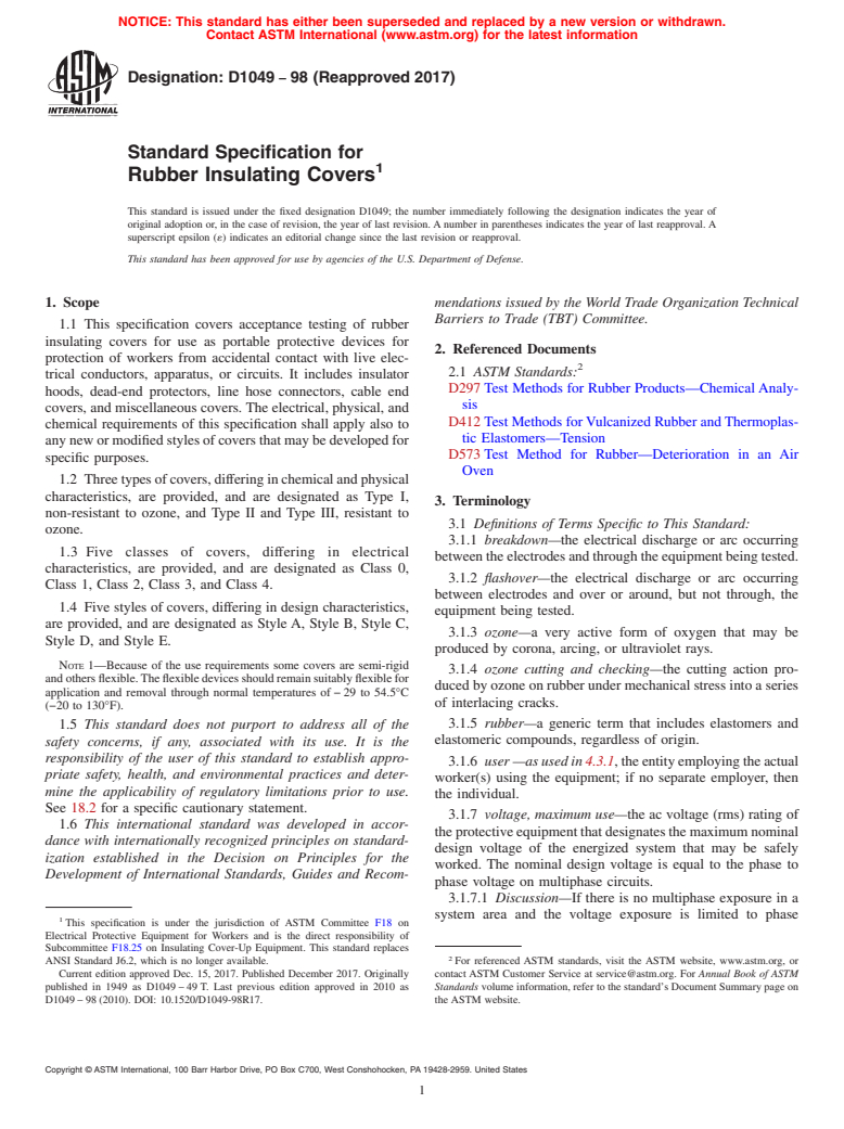 ASTM D1049-98(2017) - Standard Specification for  Rubber Insulating Covers