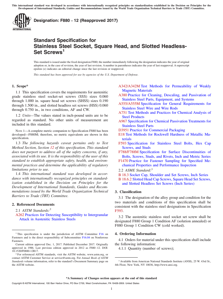 ASTM F880-12(2017) - Standard Specification for  Stainless Steel Socket, Square Head, and Slotted Headless-Set  Screws