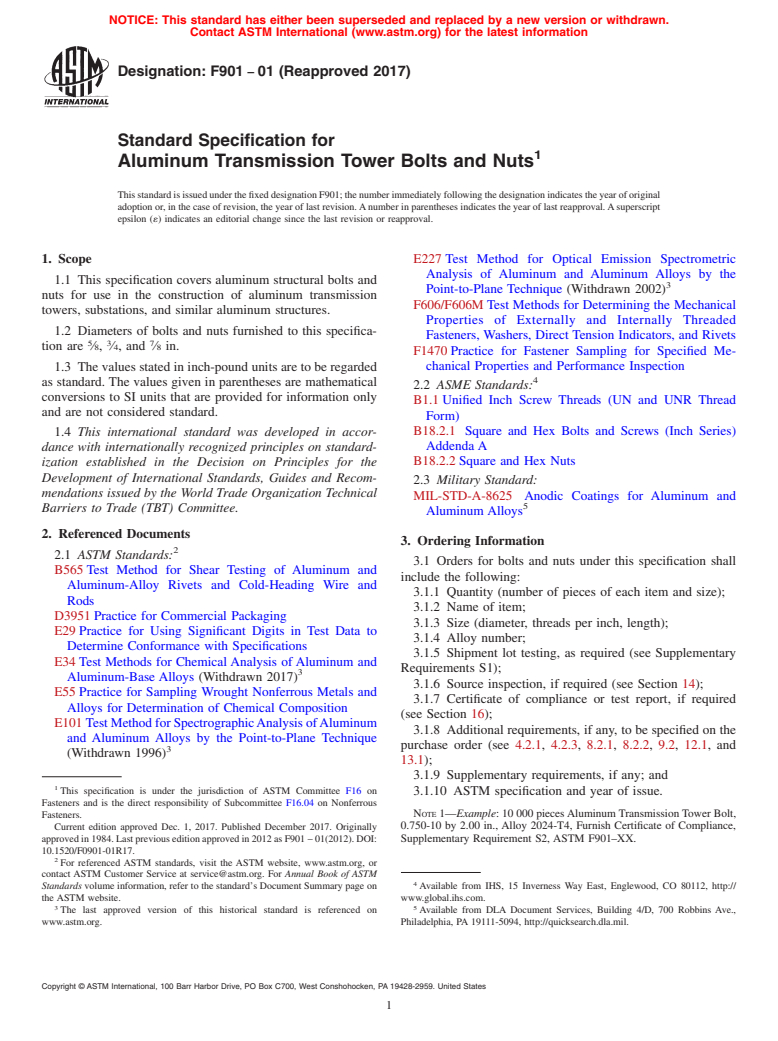 ASTM F901-01(2017) - Standard Specification for  Aluminum Transmission Tower Bolts and Nuts