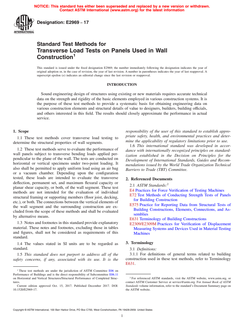 ASTM E2969-17 - Standard Test Methods for Transverse Load Tests on Panels Used in Wall Construction