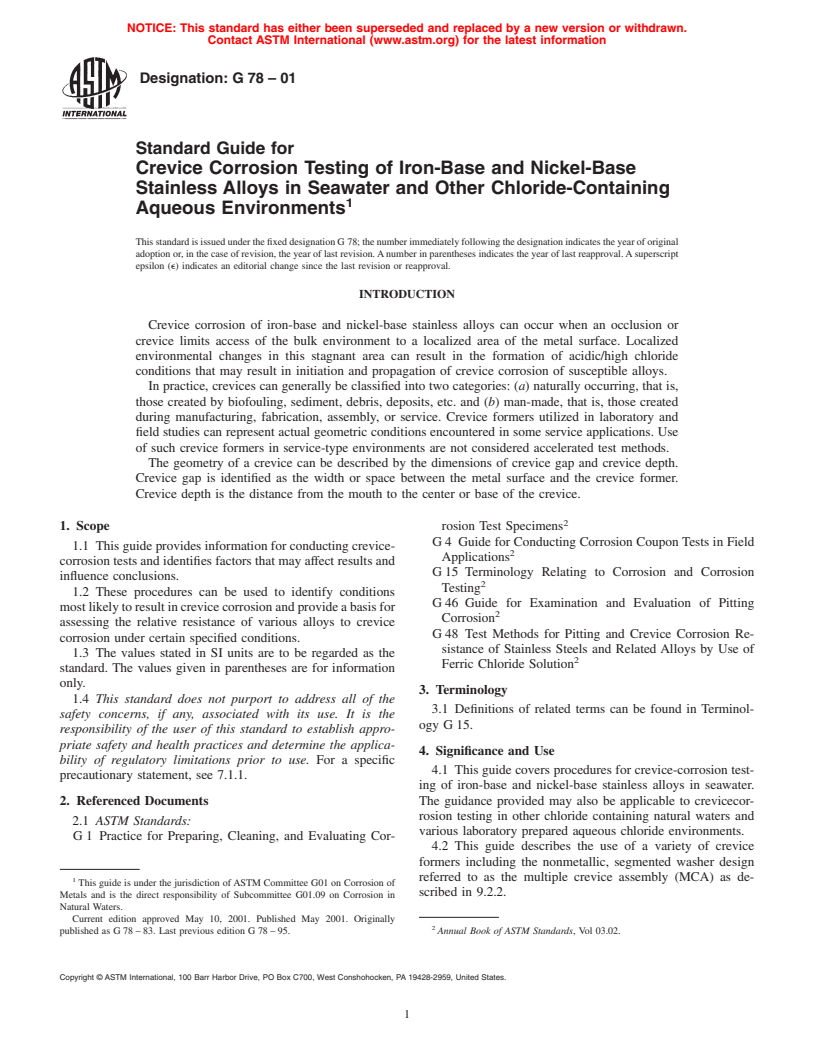 ASTM G78-01 - Standard Guide for Crevice Corrosion Testing of Iron-Base and Nickel-Base Stainless Alloys in Seawater and Other Chloride-Containing Aqueous Environments