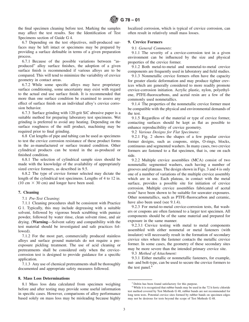 ASTM G78-01 - Standard Guide for Crevice Corrosion Testing of Iron-Base and Nickel-Base Stainless Alloys in Seawater and Other Chloride-Containing Aqueous Environments