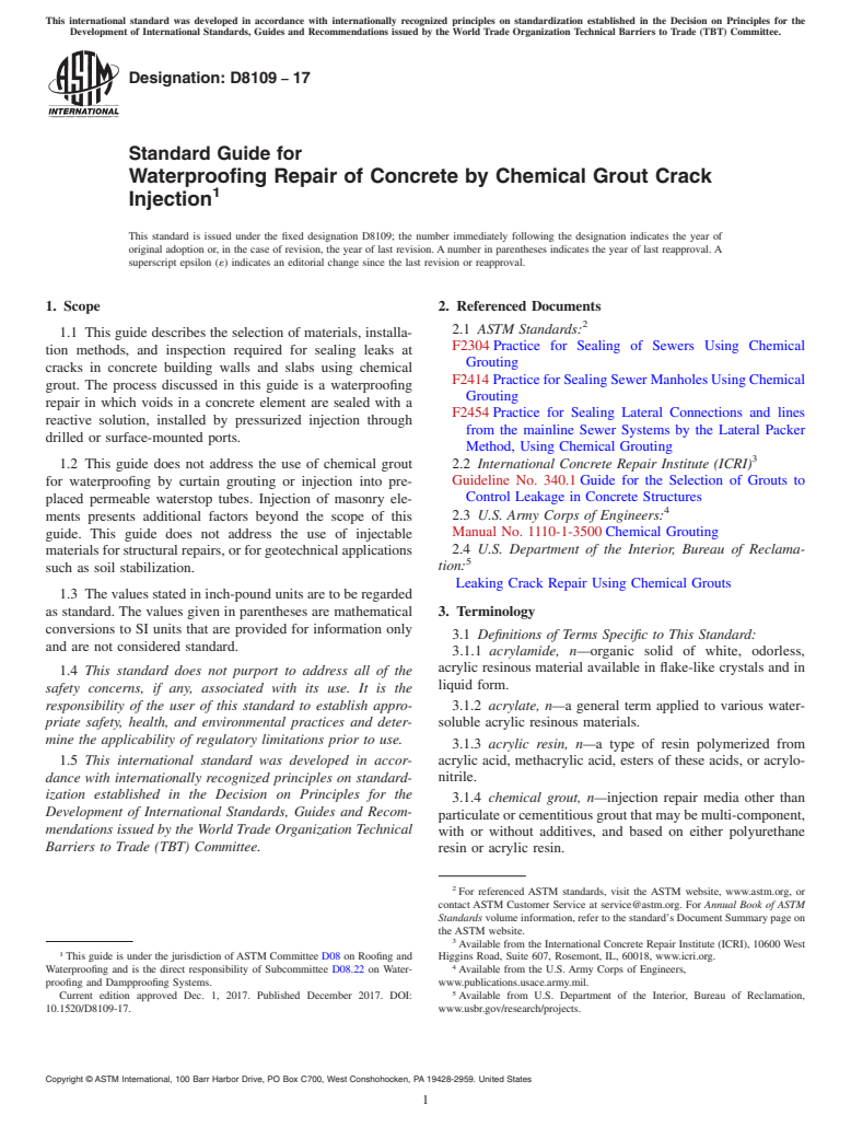 ASTM D8109-17 - Standard Guide for Waterproofing Repair of Concrete by Chemical Grout Crack Injection