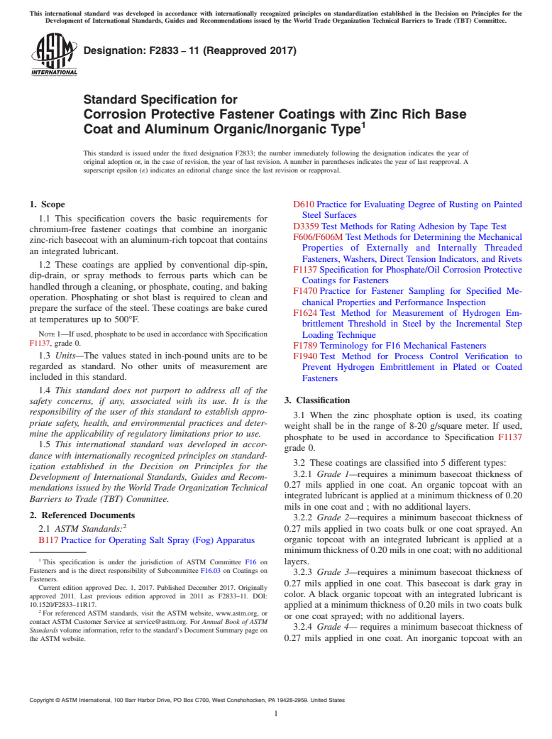 ASTM F2833-11(2017) - Standard Specification for  Corrosion Protective Fastener Coatings with Zinc Rich Base   Coat and Aluminum Organic/Inorganic Type