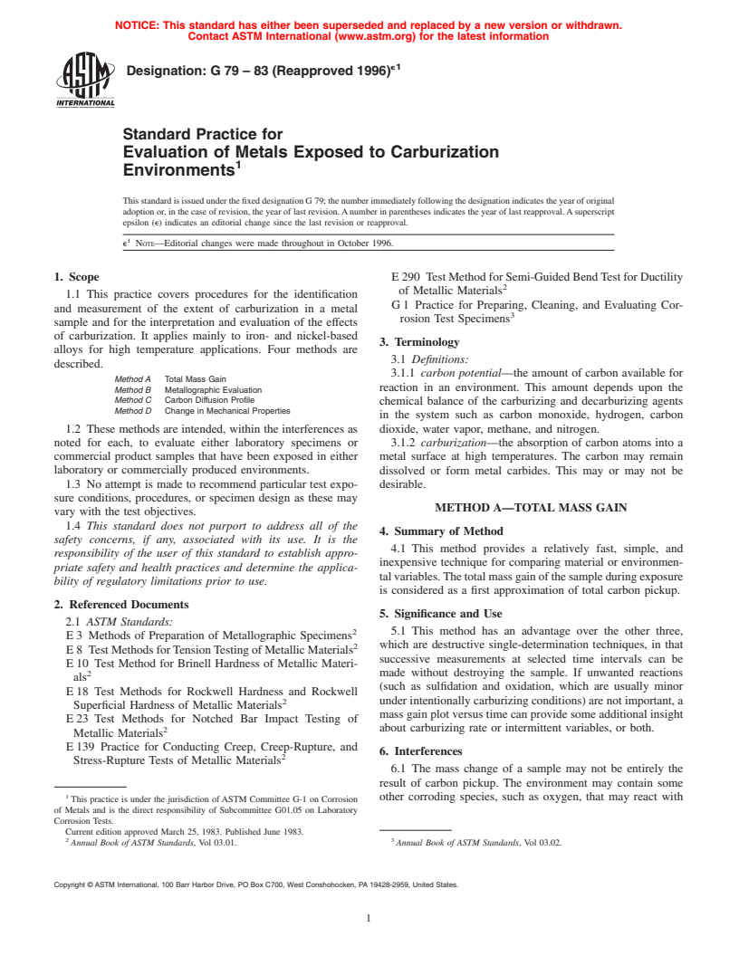 ASTM G79-83(1996)e1 - Standard Practice for Evaluation of Metals Exposed to Carburization Environments (Withdrawn 2005)