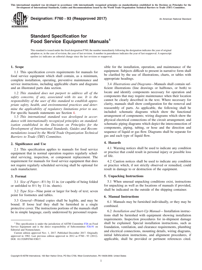 ASTM F760-93(2017) - Standard Specification for  Food Service Equipment Manuals