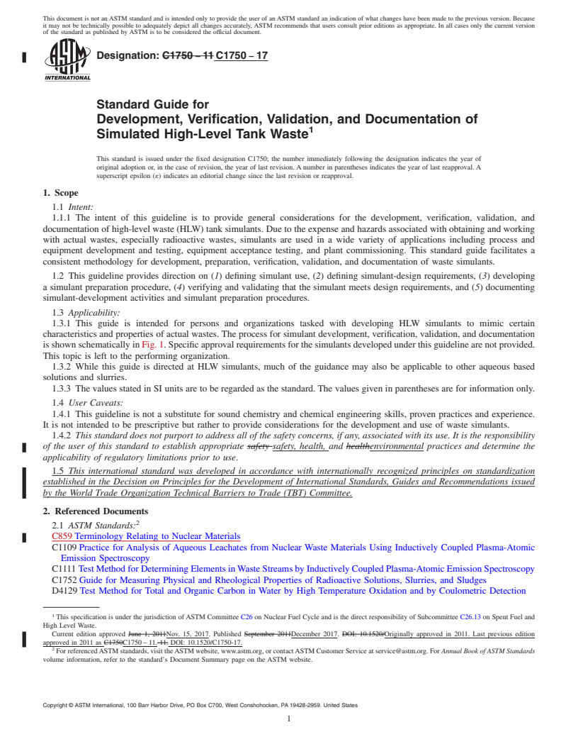 REDLINE ASTM C1750-17 - Standard Guide for  Development, Verification, Validation, and Documentation of  Simulated High-Level Tank Waste