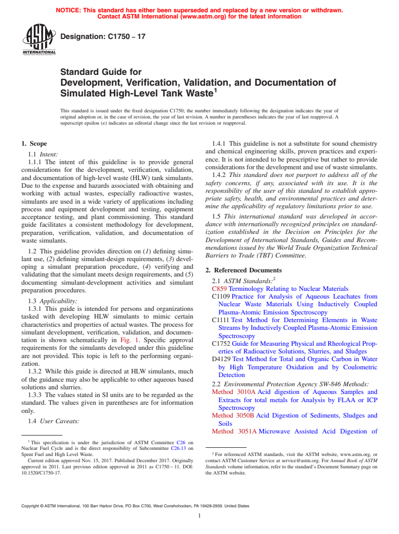 ASTM C1750-17 - Standard Guide for  Development, Verification, Validation, and Documentation of  Simulated High-Level Tank Waste