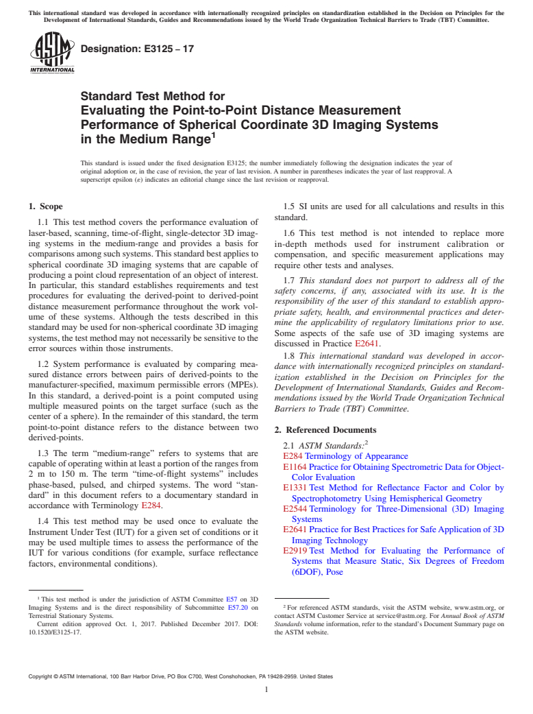 ASTM E3125-17 - Standard Test Method for Evaluating the Point-to-Point Distance Measurement Performance  of Spherical Coordinate 3D Imaging Systems in the Medium Range
