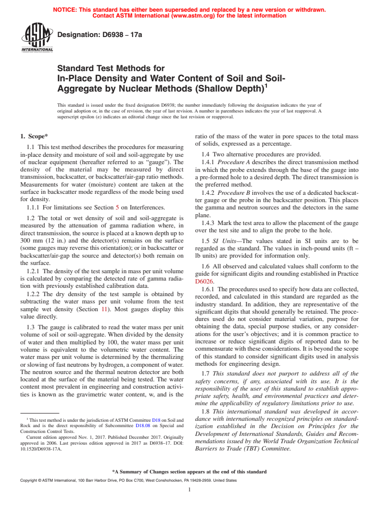 ASTM D6938-17a - Standard Test Methods for In-Place Density and Water Content of Soil and Soil-Aggregate  by Nuclear Methods (Shallow Depth)