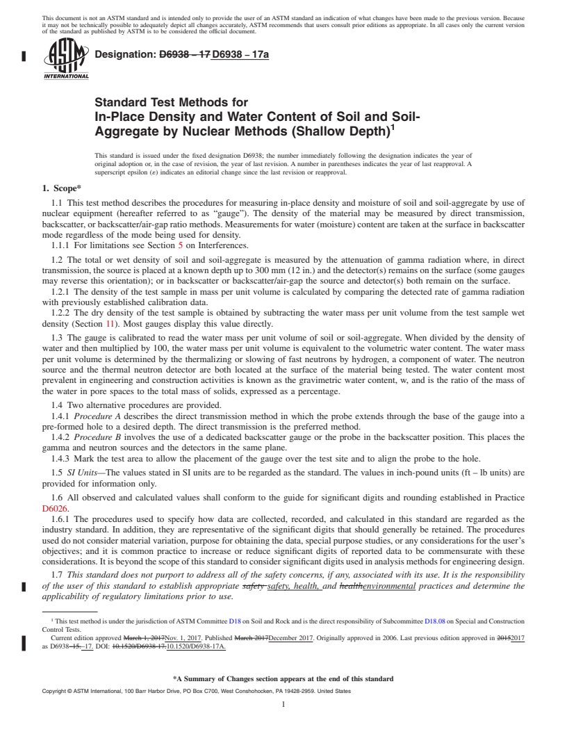 REDLINE ASTM D6938-17a - Standard Test Methods for In-Place Density and Water Content of Soil and Soil-Aggregate  by Nuclear Methods (Shallow Depth)