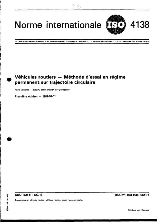 ISO 4138:1982 - Véhicules routiers -- Méthode d'essai en régime permanent sur trajectoire circulaire