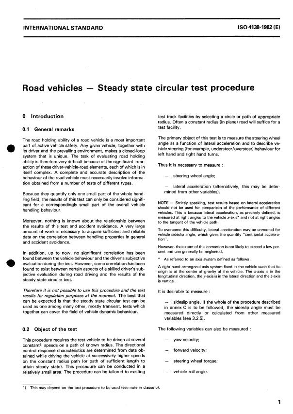 ISO 4138:1982 - Road vehicles -- Steady-state circular test procedure