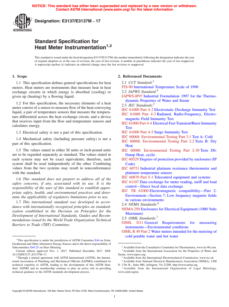 ASTM E3137/E3137M-17 - Standard Specification for Heat Meter Instrumentation