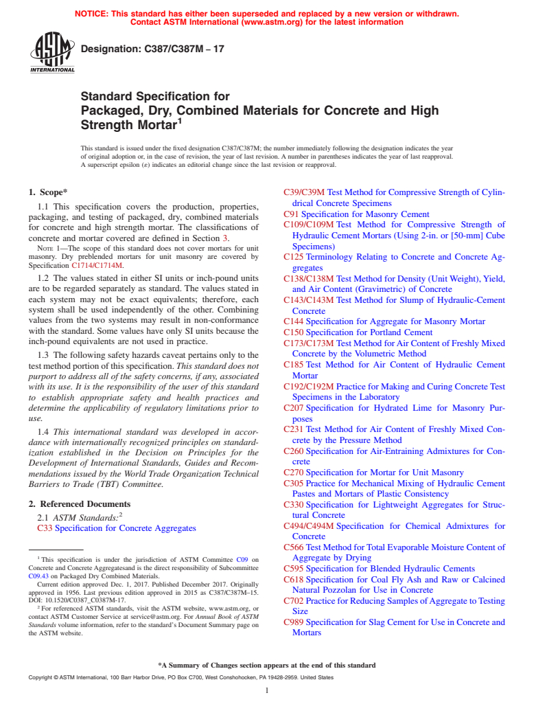 ASTM C387/C387M-17 - Standard Specification for  Packaged, Dry, Combined Materials for Concrete and High Strength  Mortar