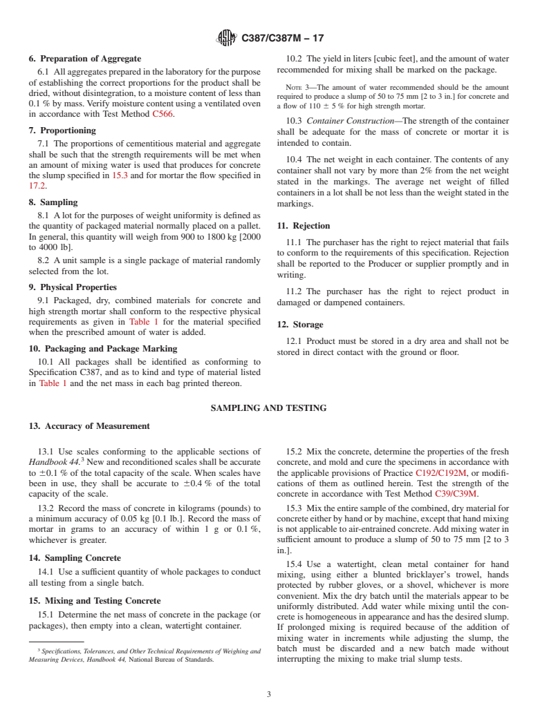 ASTM C387/C387M-17 - Standard Specification for  Packaged, Dry, Combined Materials for Concrete and High Strength  Mortar