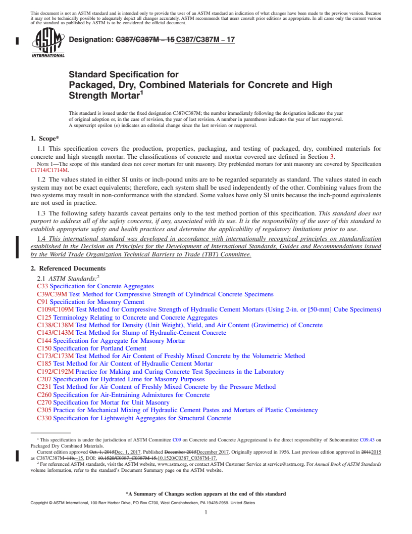 REDLINE ASTM C387/C387M-17 - Standard Specification for  Packaged, Dry, Combined Materials for Concrete and High Strength  Mortar