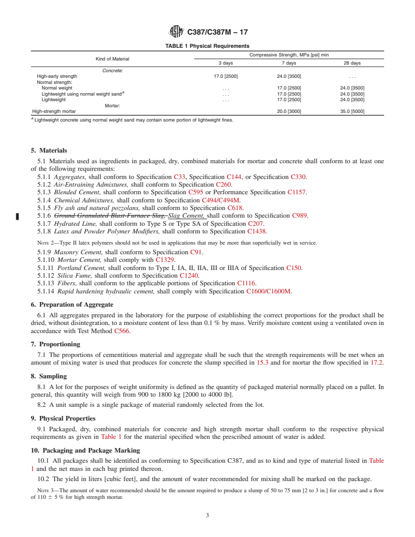 REDLINE ASTM C387/C387M-17 - Standard Specification for  Packaged, Dry, Combined Materials for Concrete and High Strength  Mortar