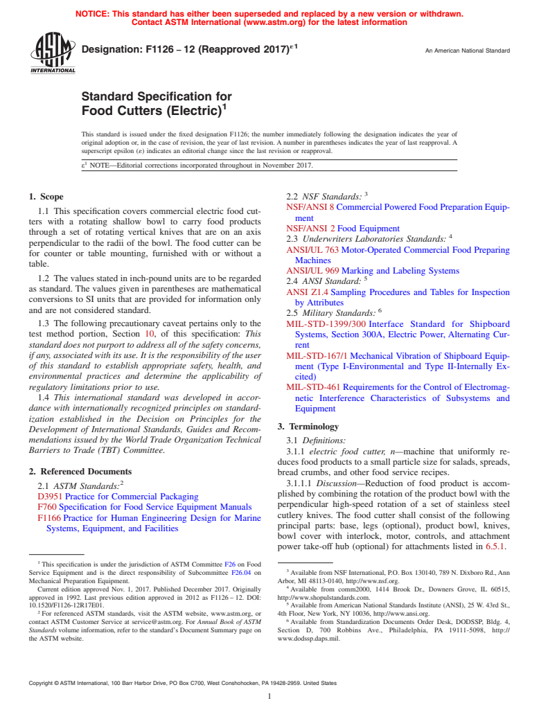 ASTM F1126-12(2017)e1 - Standard Specification for  Food Cutters (Electric)