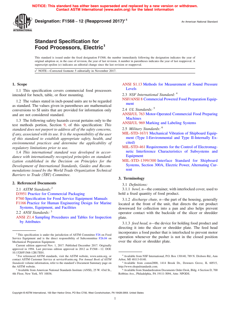 ASTM F1568-12(2017)e1 - Standard Specification for Food Processors, Electric