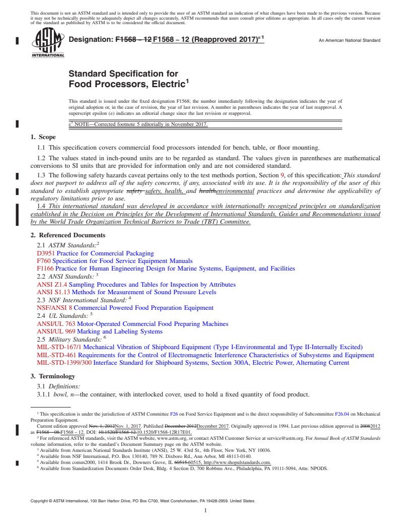 REDLINE ASTM F1568-12(2017)e1 - Standard Specification for Food Processors, Electric