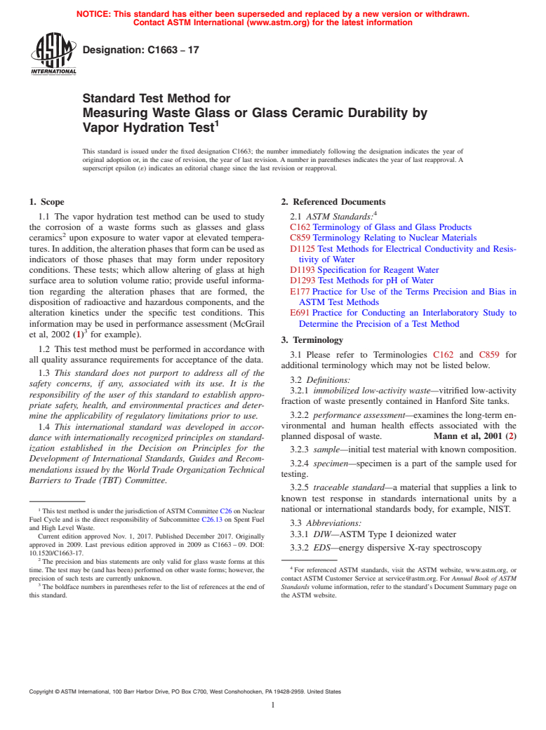 ASTM C1663-17 - Standard Test Method for  Measuring Waste Glass or Glass Ceramic Durability by Vapor  Hydration Test