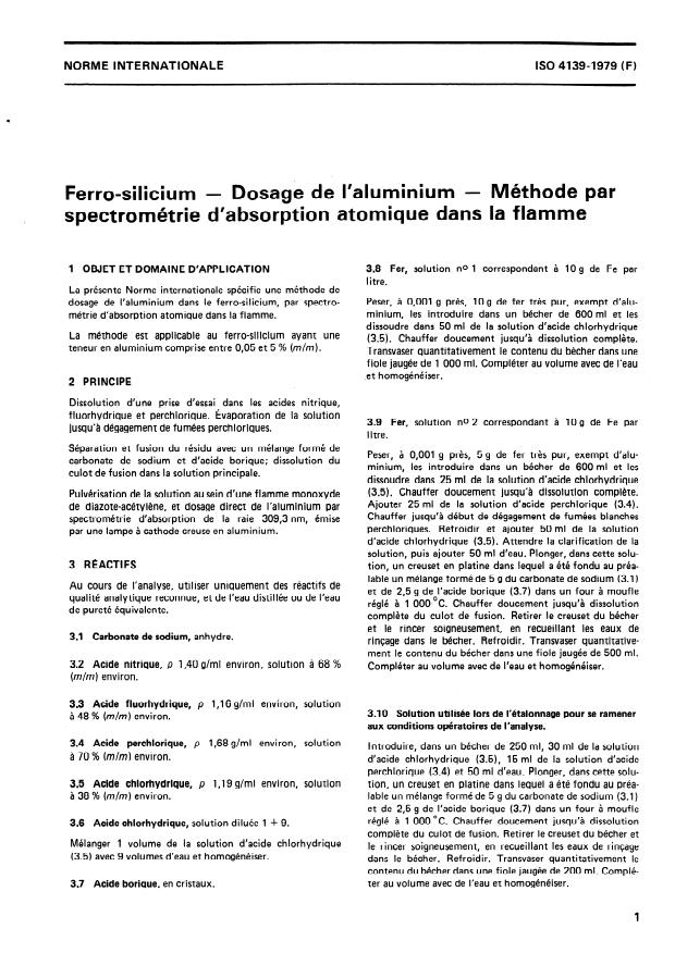 ISO 4139:1979 - Ferro-silicium -- Dosage de l'aluminium -- Méthode par spectrométrie d'absorption atomique dans la flamme