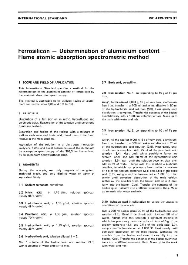 ISO 4139:1979 - Ferrosilicon -- Determination of aluminium content -- Flame atomic absorption spectrometric method
