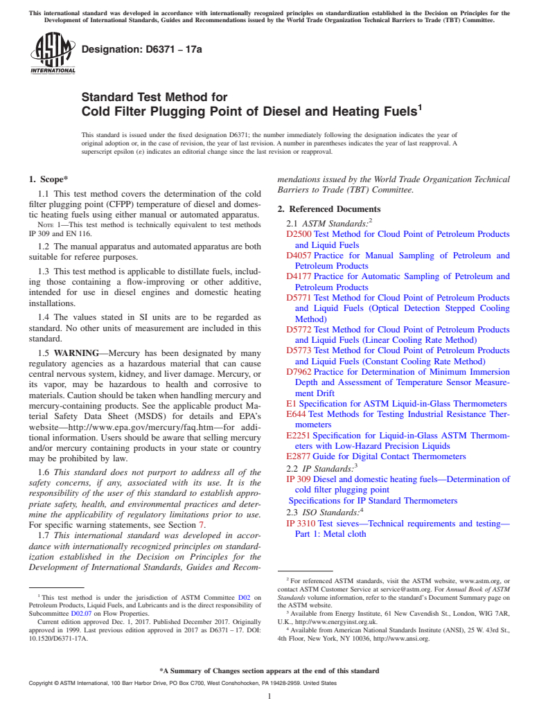 ASTM D6371-17a - Standard Test Method for  Cold Filter Plugging Point of Diesel and Heating Fuels
