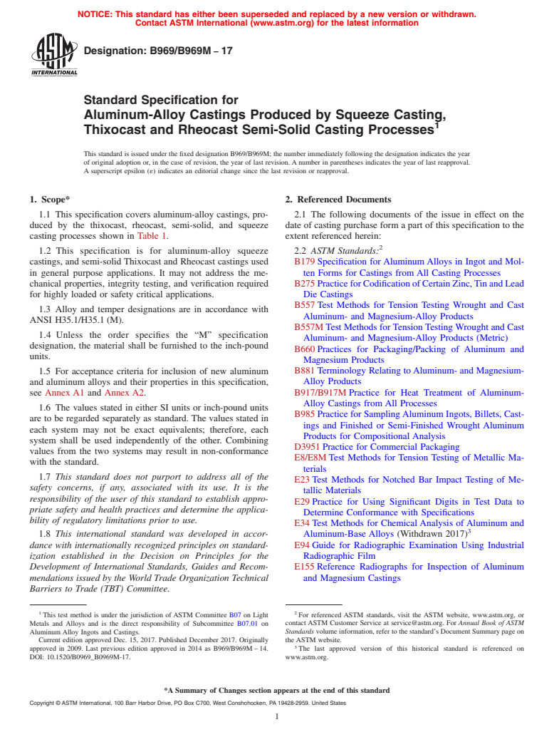 ASTM B969/B969M-17 - Standard Specification for  Aluminum-Alloy Castings Produced by Squeeze Casting, Thixocast  and Rheocast Semi-Solid Casting Processes