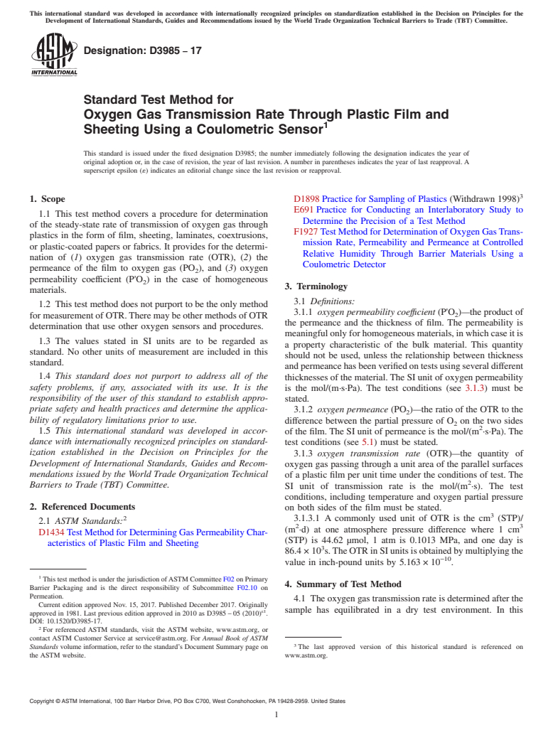 ASTM D3985-17 - Standard Test Method for Oxygen Gas Transmission Rate Through Plastic Film and Sheeting   Using a Coulometric Sensor