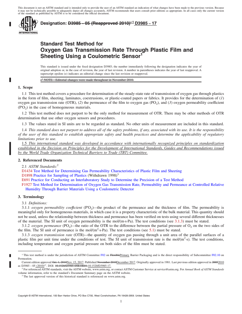 REDLINE ASTM D3985-17 - Standard Test Method for Oxygen Gas Transmission Rate Through Plastic Film and Sheeting   Using a Coulometric Sensor