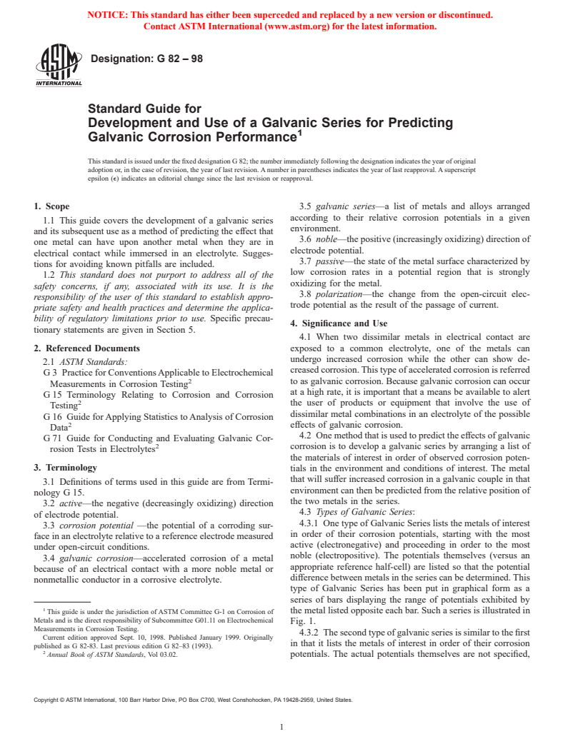 ASTM G82-98 - Standard Guide for Development and Use of a Galvanic Series for Predicting Galvanic Corrosion Performance