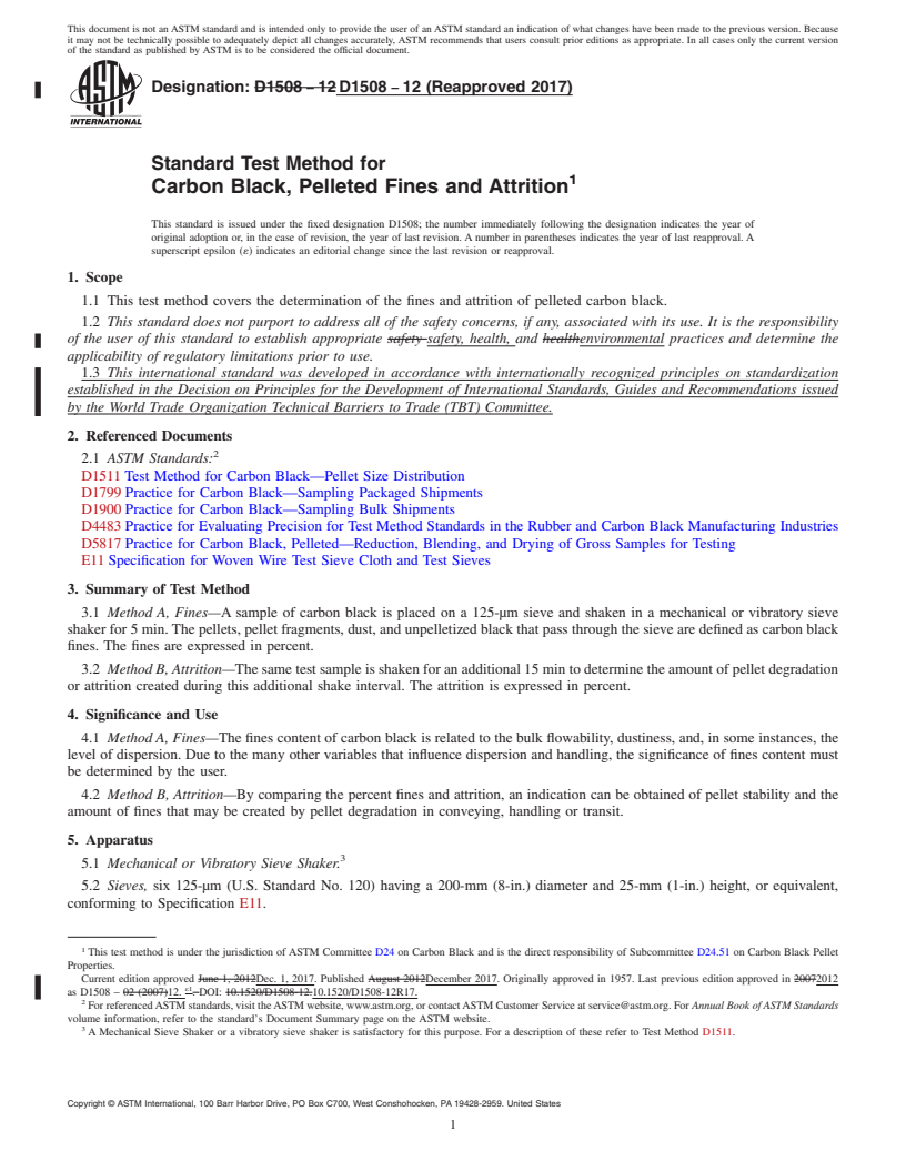 REDLINE ASTM D1508-12(2017) - Standard Test Method for  Carbon Black, Pelleted Fines and Attrition