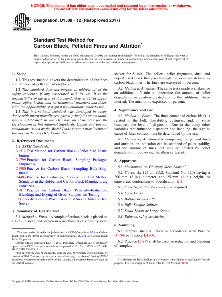 ASTM D1508-12(2017) - Standard Test Method for  Carbon Black, Pelleted Fines and Attrition