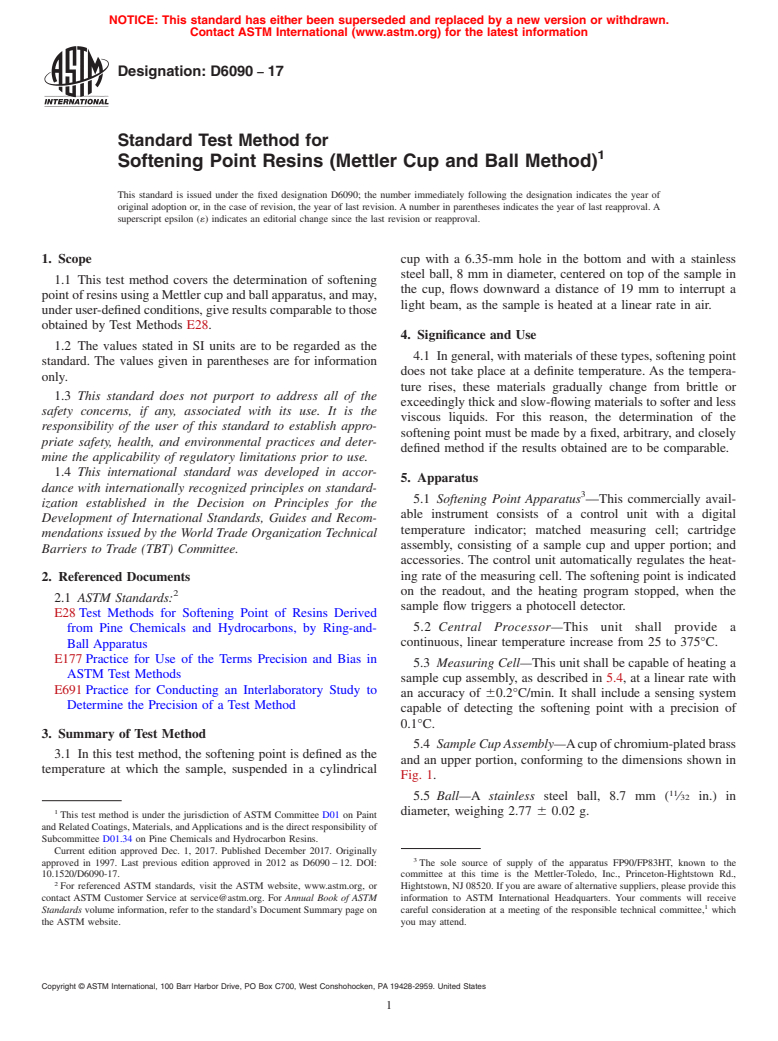 ASTM D6090-17 - Standard Test Method for Softening Point Resins (Mettler Cup and Ball Method)