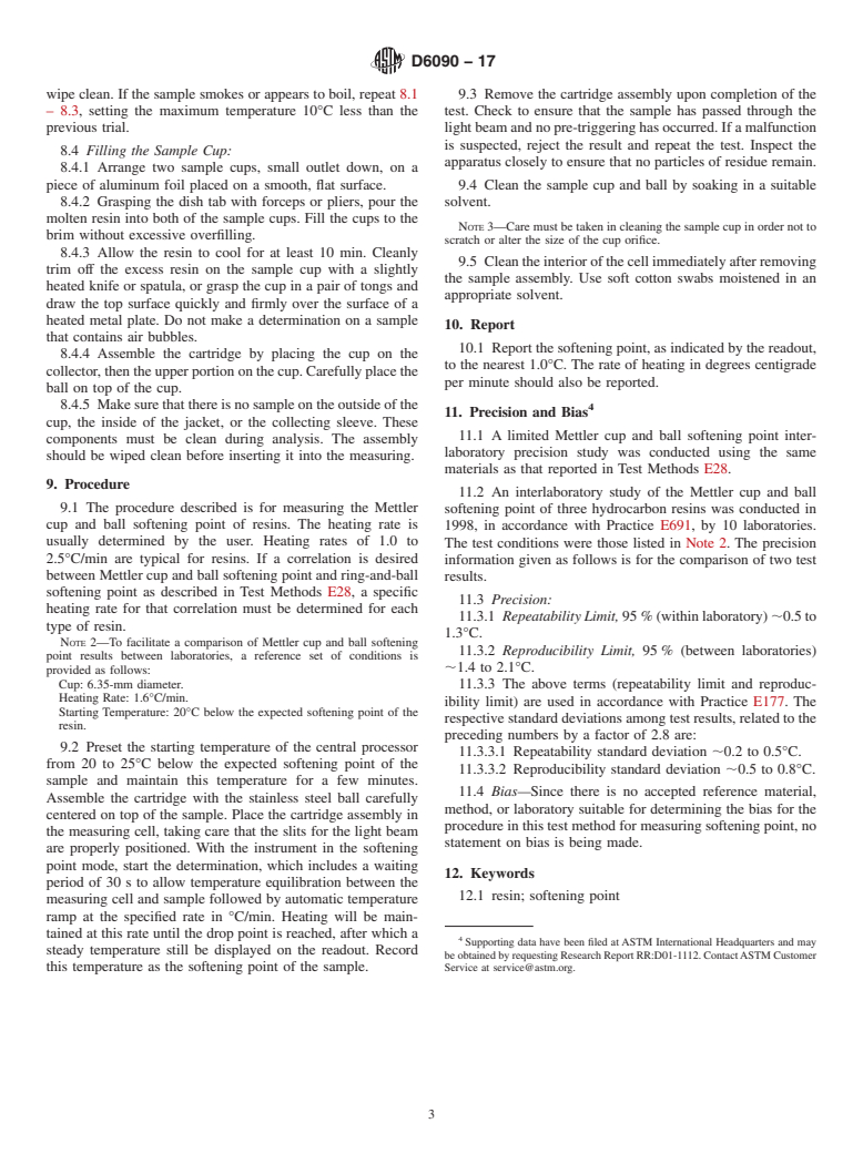 ASTM D6090-17 - Standard Test Method for Softening Point Resins (Mettler Cup and Ball Method)