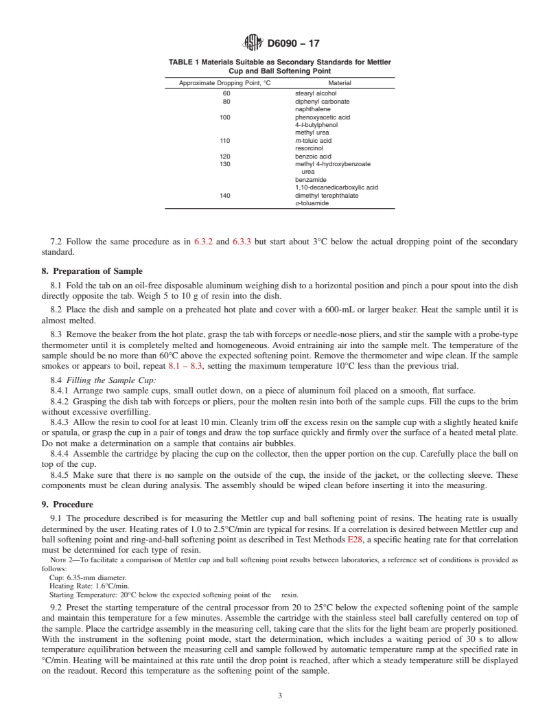 REDLINE ASTM D6090-17 - Standard Test Method for Softening Point Resins (Mettler Cup and Ball Method)