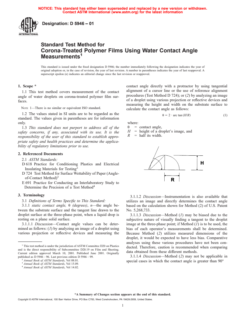 ASTM D5946-01 - Standard Test Method for Corona-Treated Polymer Films Using Water Contact Angle Measurements