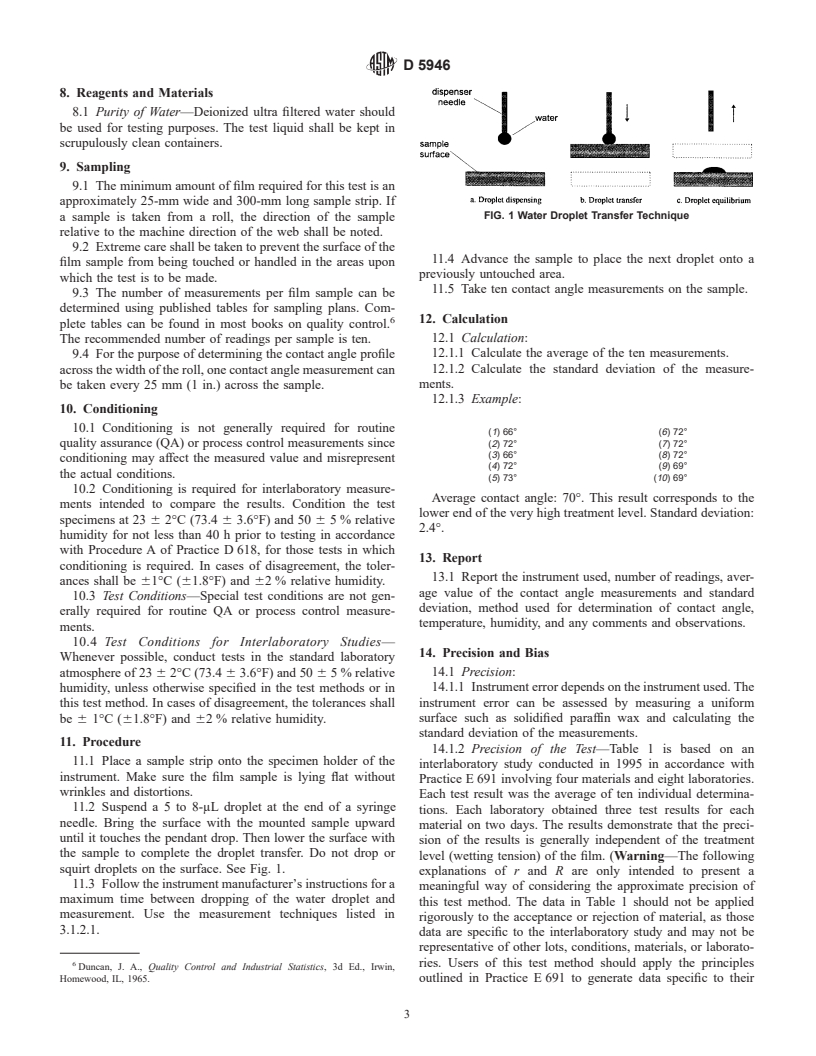 ASTM D5946-01 - Standard Test Method for Corona-Treated Polymer Films Using Water Contact Angle Measurements