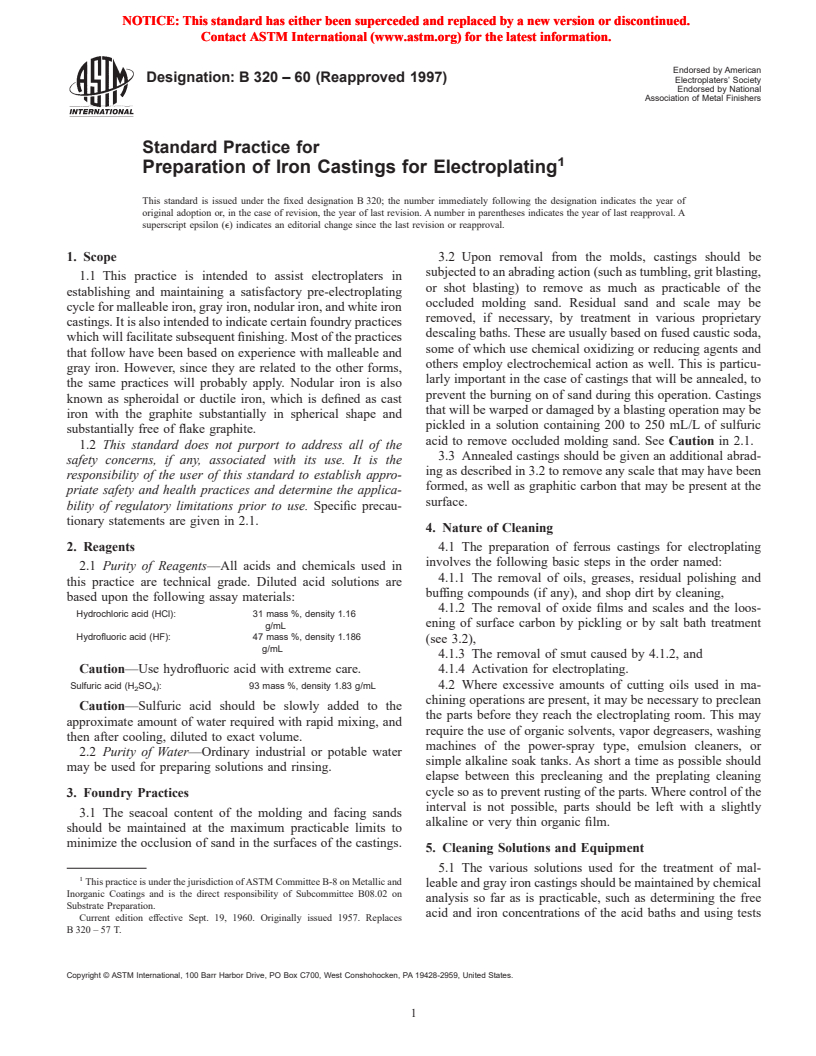 ASTM B320-60(1997) - Standard Practice for Preparation of Iron Castings for Electroplating