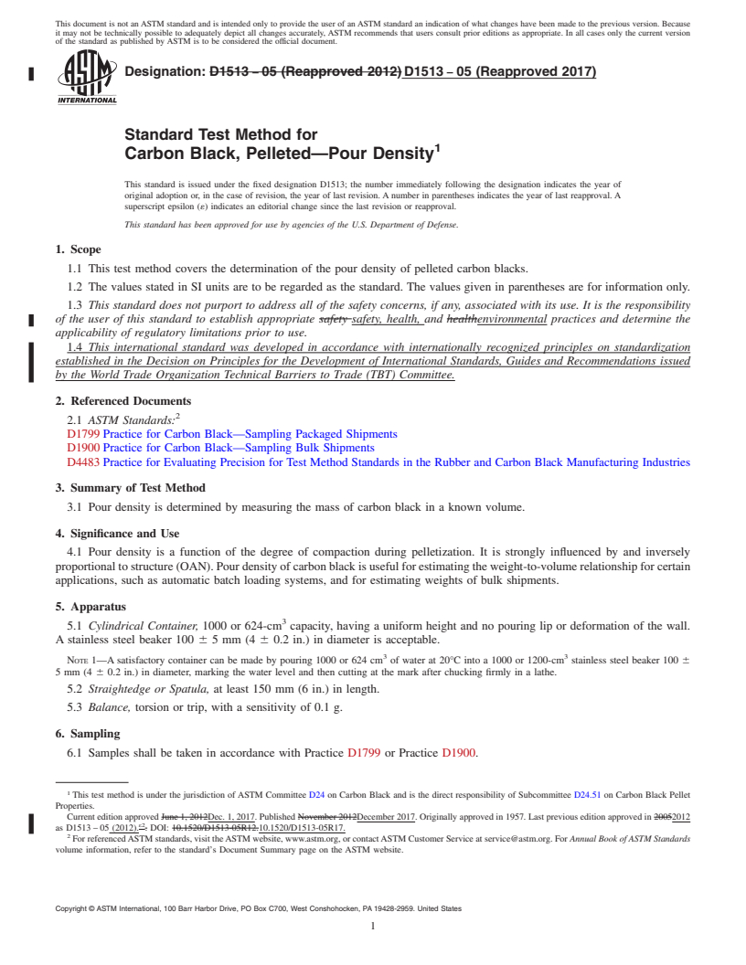 REDLINE ASTM D1513-05(2017) - Standard Test Method for  Carbon Black, Pelleted&#x2014;Pour Density