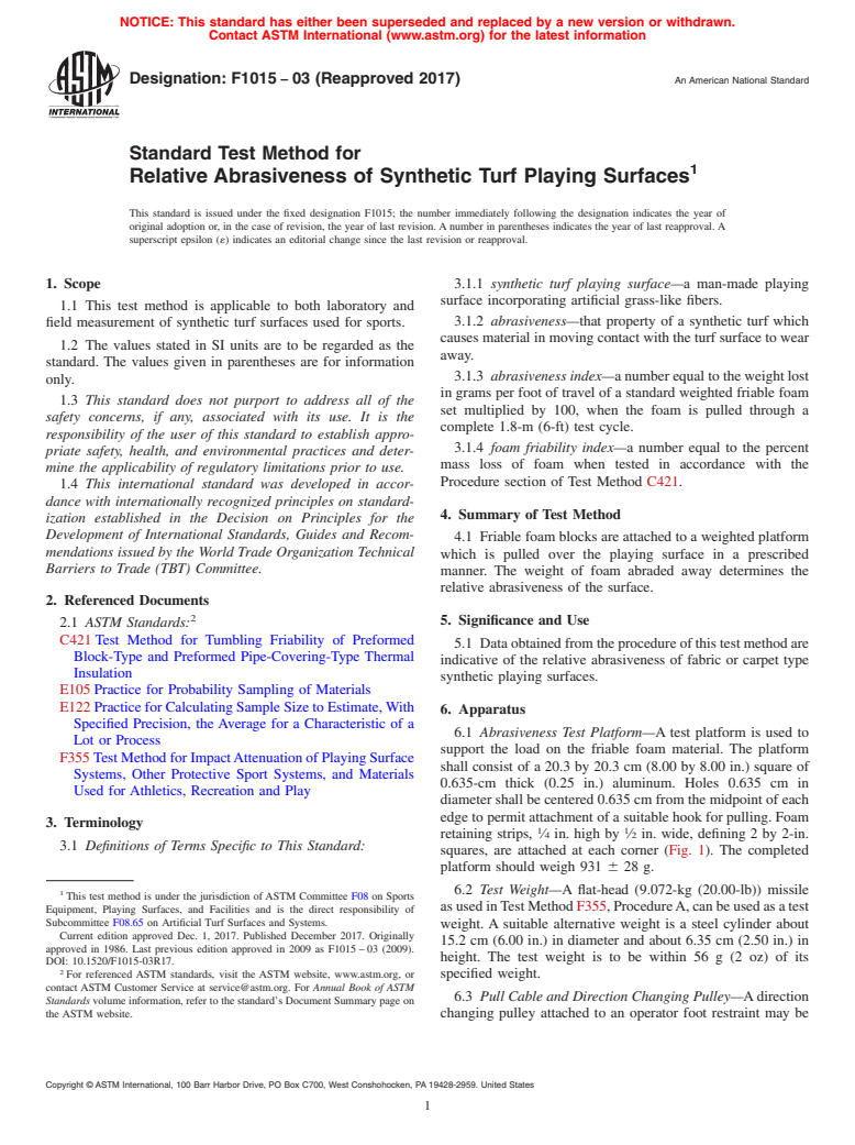 ASTM F1015-03(2017) - Standard Test Method for  Relative Abrasiveness of Synthetic Turf Playing Surfaces