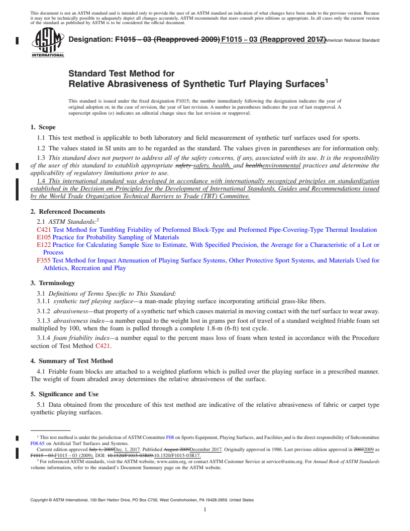 REDLINE ASTM F1015-03(2017) - Standard Test Method for  Relative Abrasiveness of Synthetic Turf Playing Surfaces